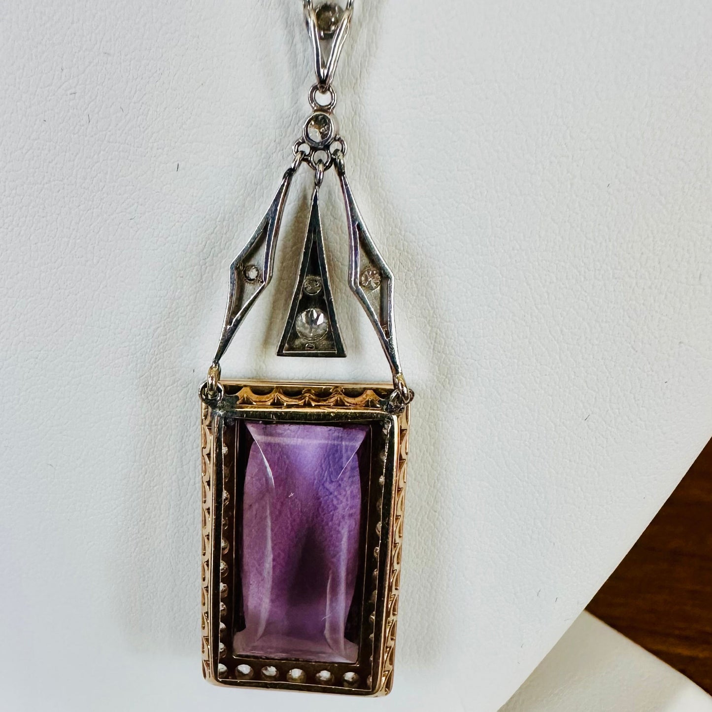 Antique Art Deco Amethyst & Diamond 14k White Gold & Yellow Pendant Necklace