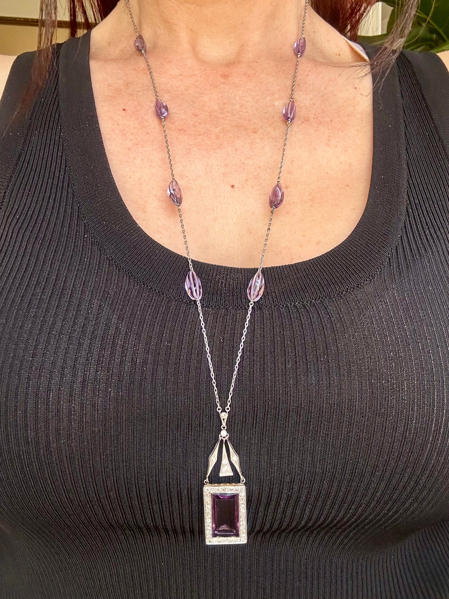Antique Art Deco Amethyst & Diamond 14k White Gold & Yellow Pendant Necklace