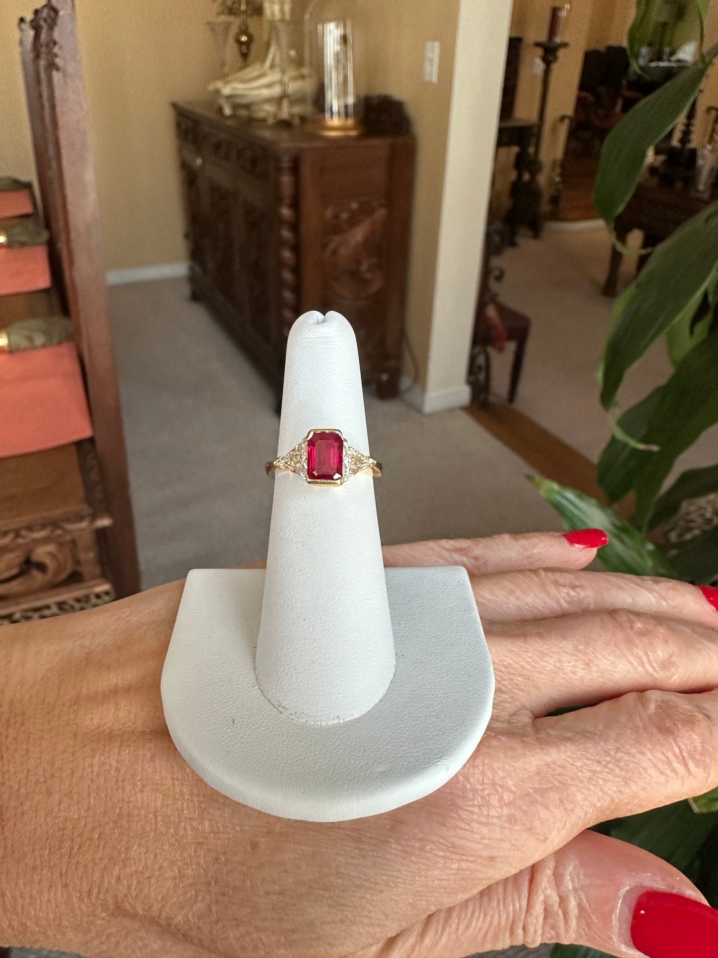 GIA Burma Vivid Red  Ruby with 2 Trillion Cut Diamonds Ring 18k