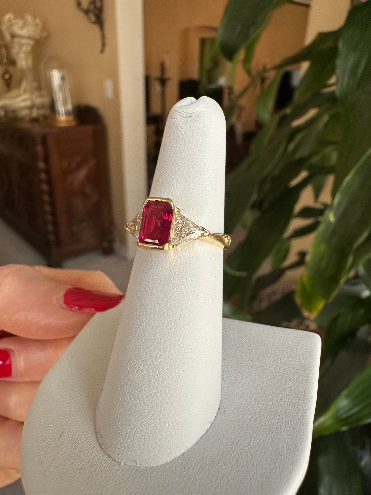 GIA Burma Vivid Red  Ruby with 2 Trillion Cut Diamonds Ring 18k