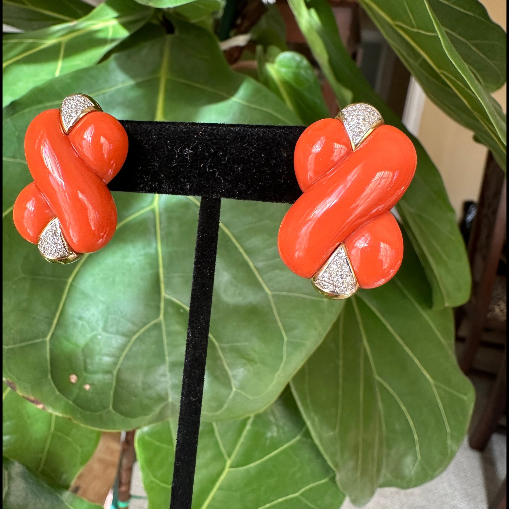 Coral Diamond 18k Yellow Gold Earrings