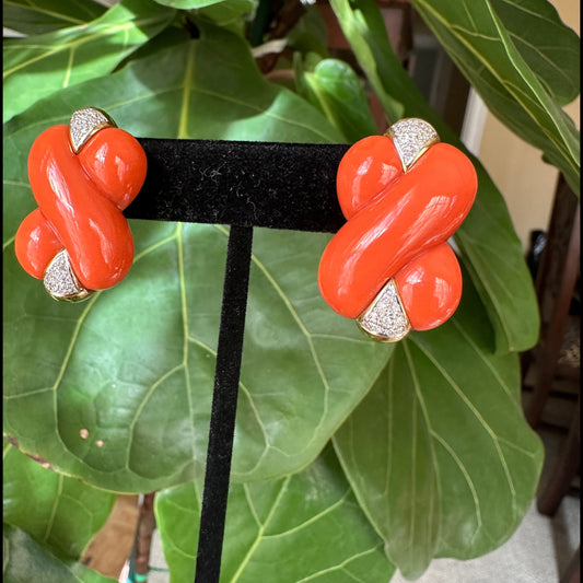 Coral Diamond 18k Yellow Gold Earrings