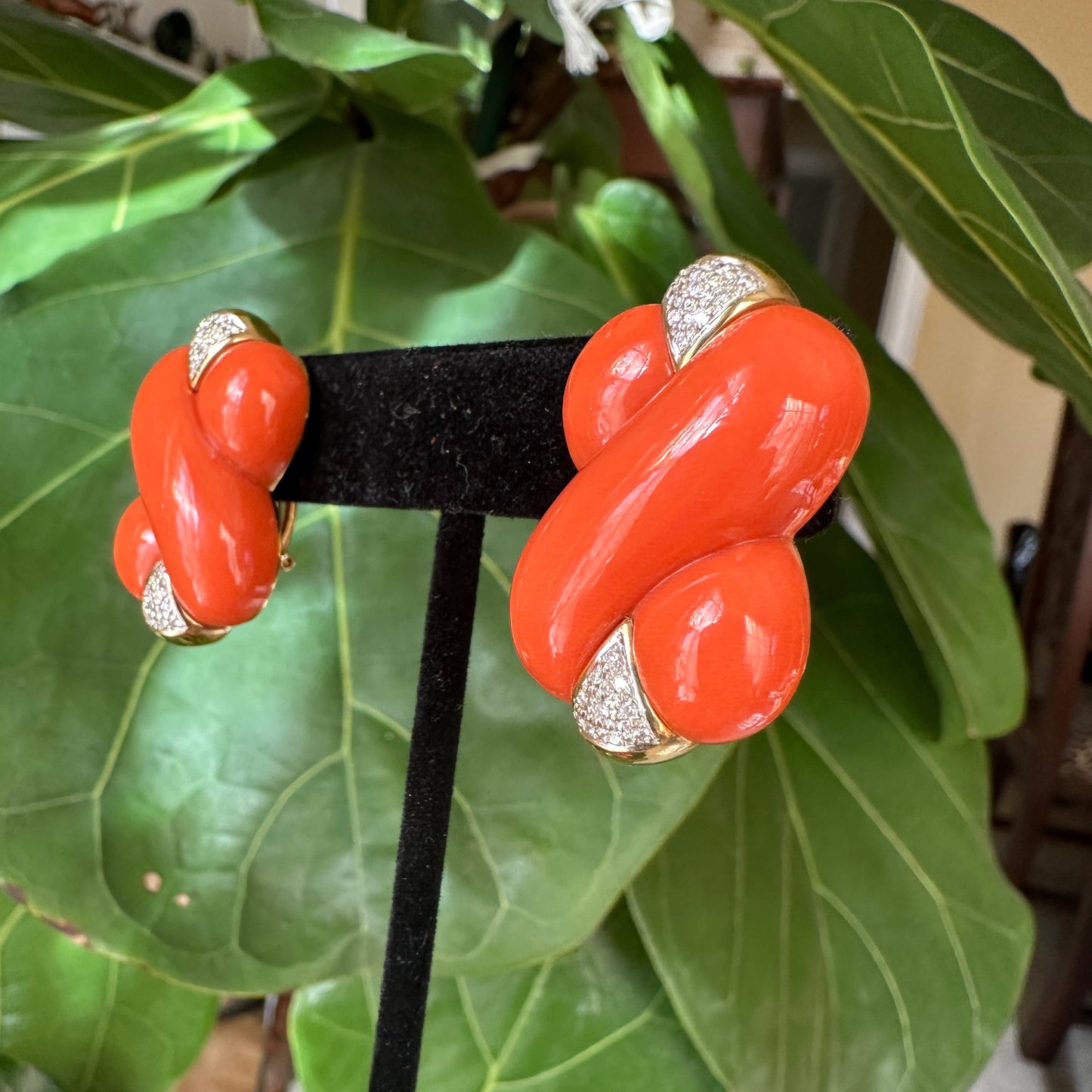 Mediterranean Coral, Diamond & 18k Yellow Gold Earrings