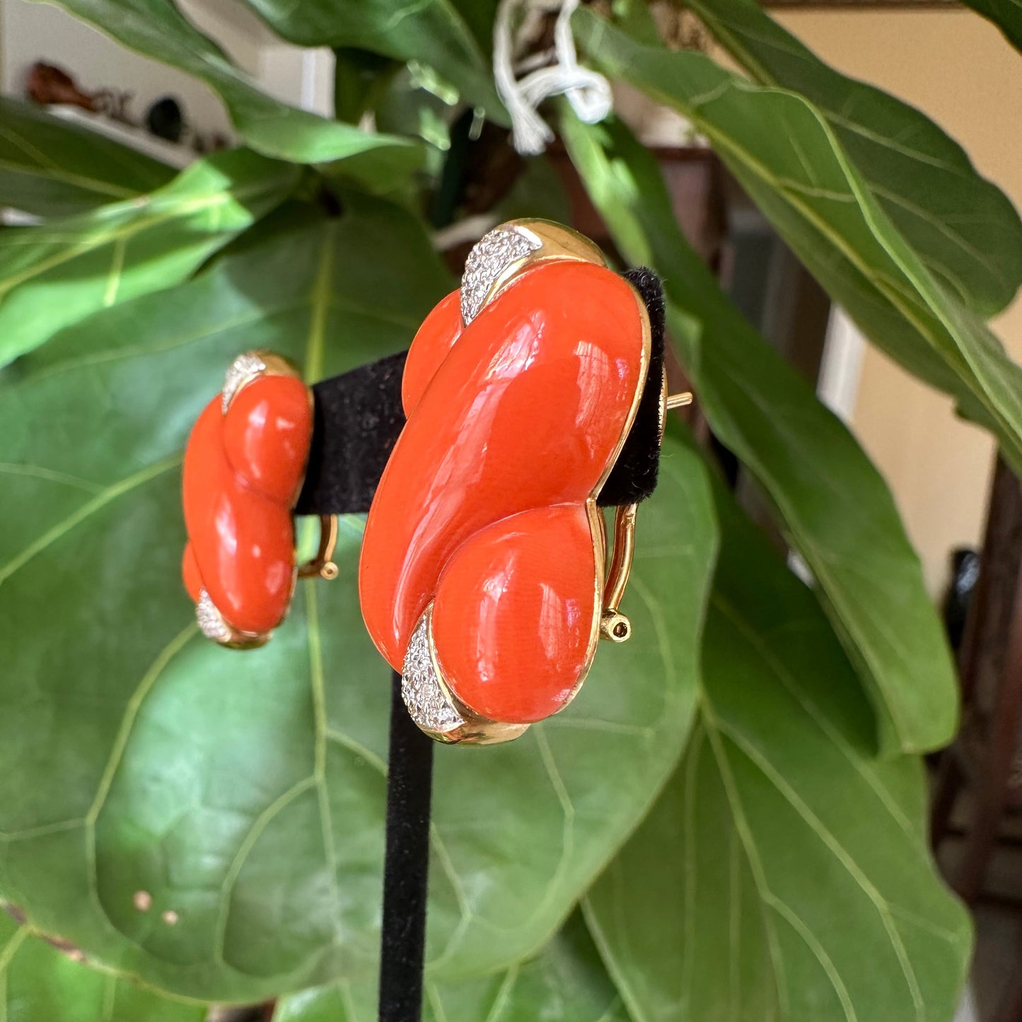 Mediterranean Coral, Diamond & 18k Yellow Gold Earrings