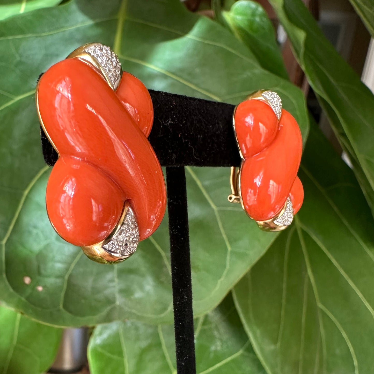Mediterranean Coral, Diamond & 18k Yellow Gold Earrings