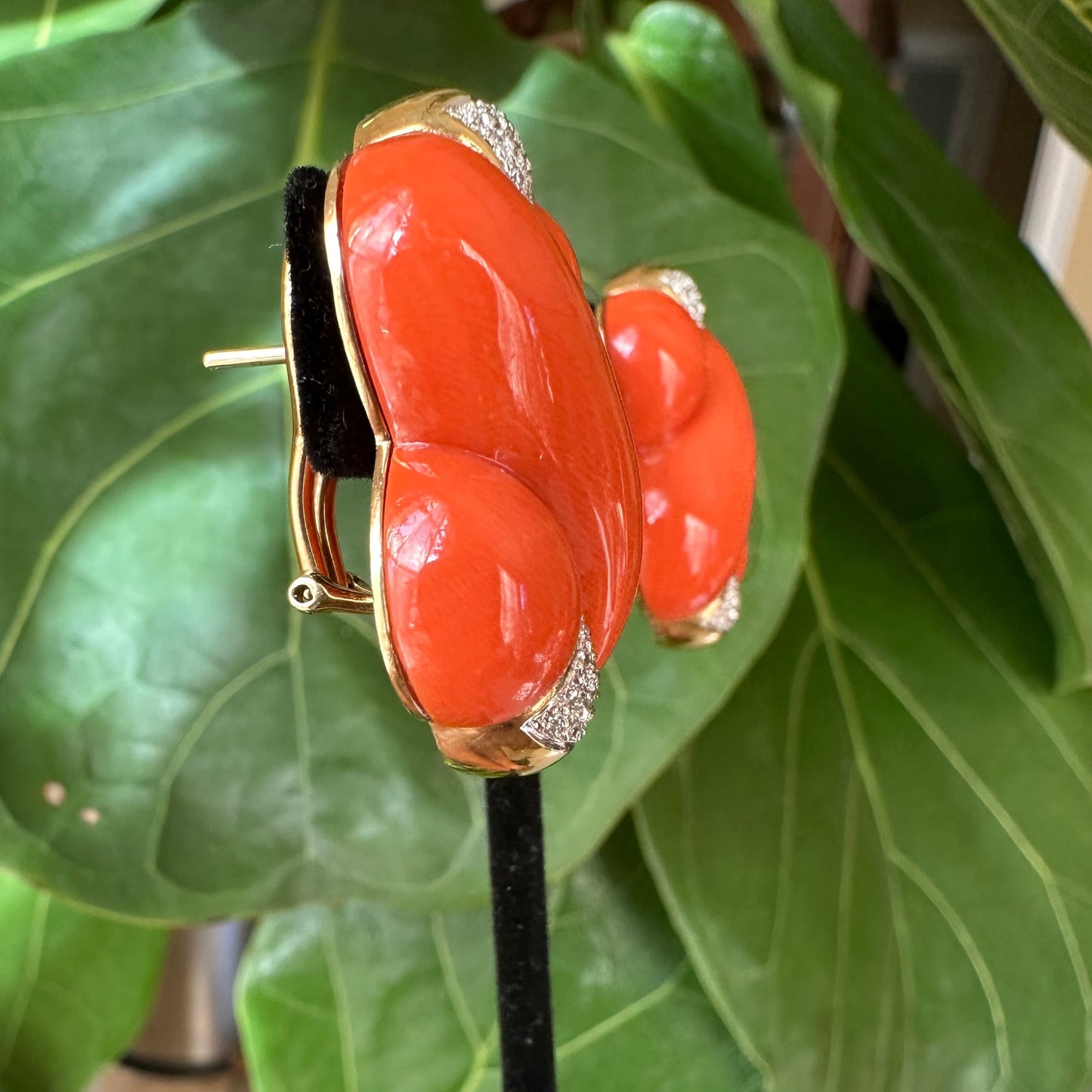 Mediterranean Coral, Diamond & 18k Yellow Gold Earrings