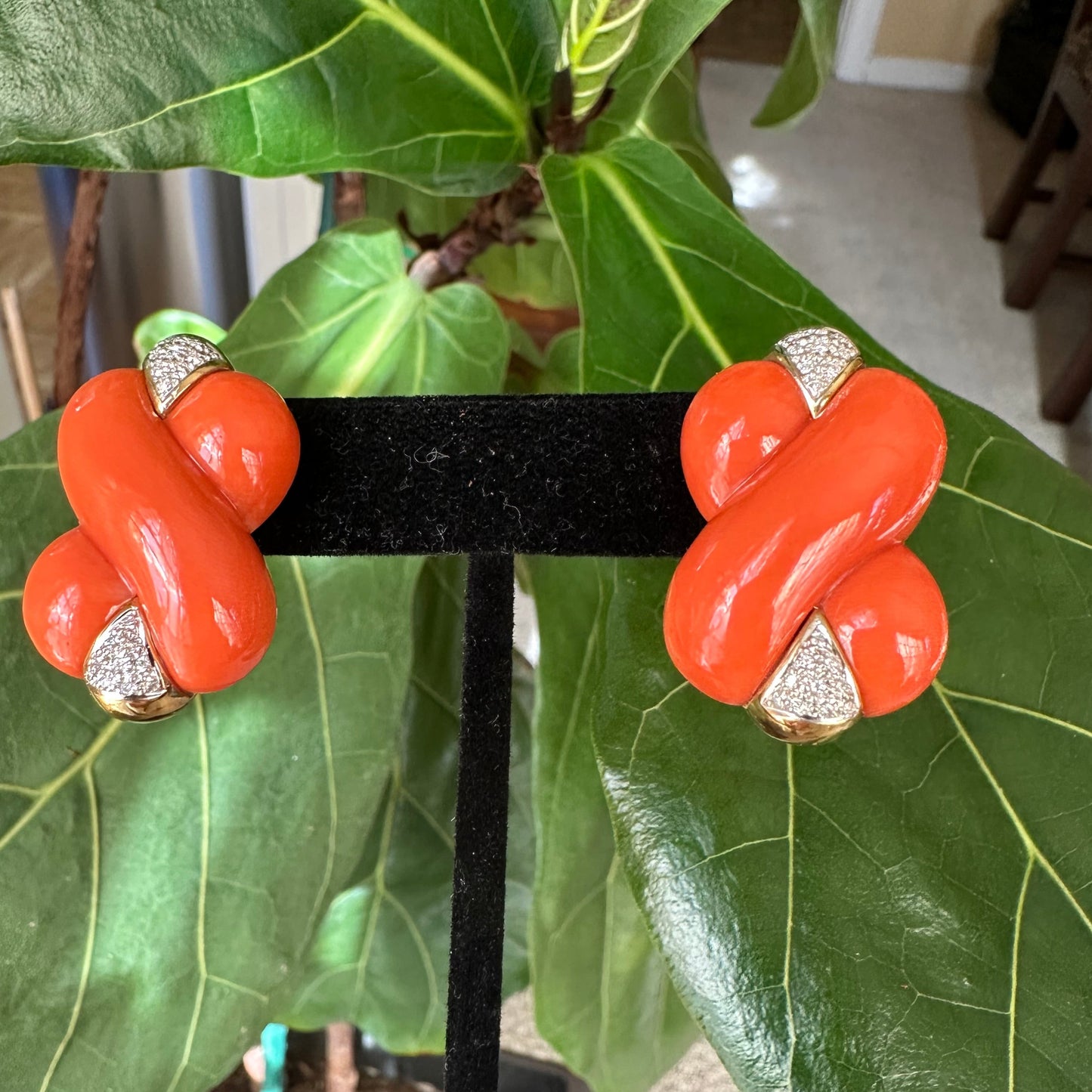 Mediterranean Coral, Diamond & 18k Yellow Gold Earrings