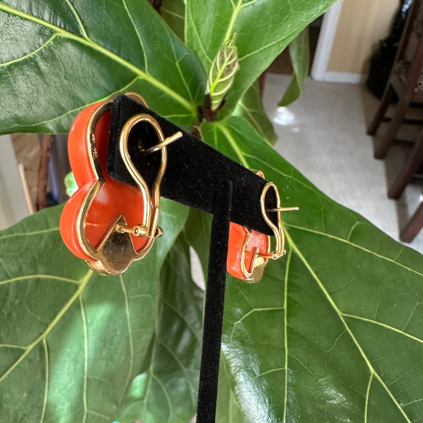 Mediterranean Coral, Diamond & 18k Yellow Gold Earrings