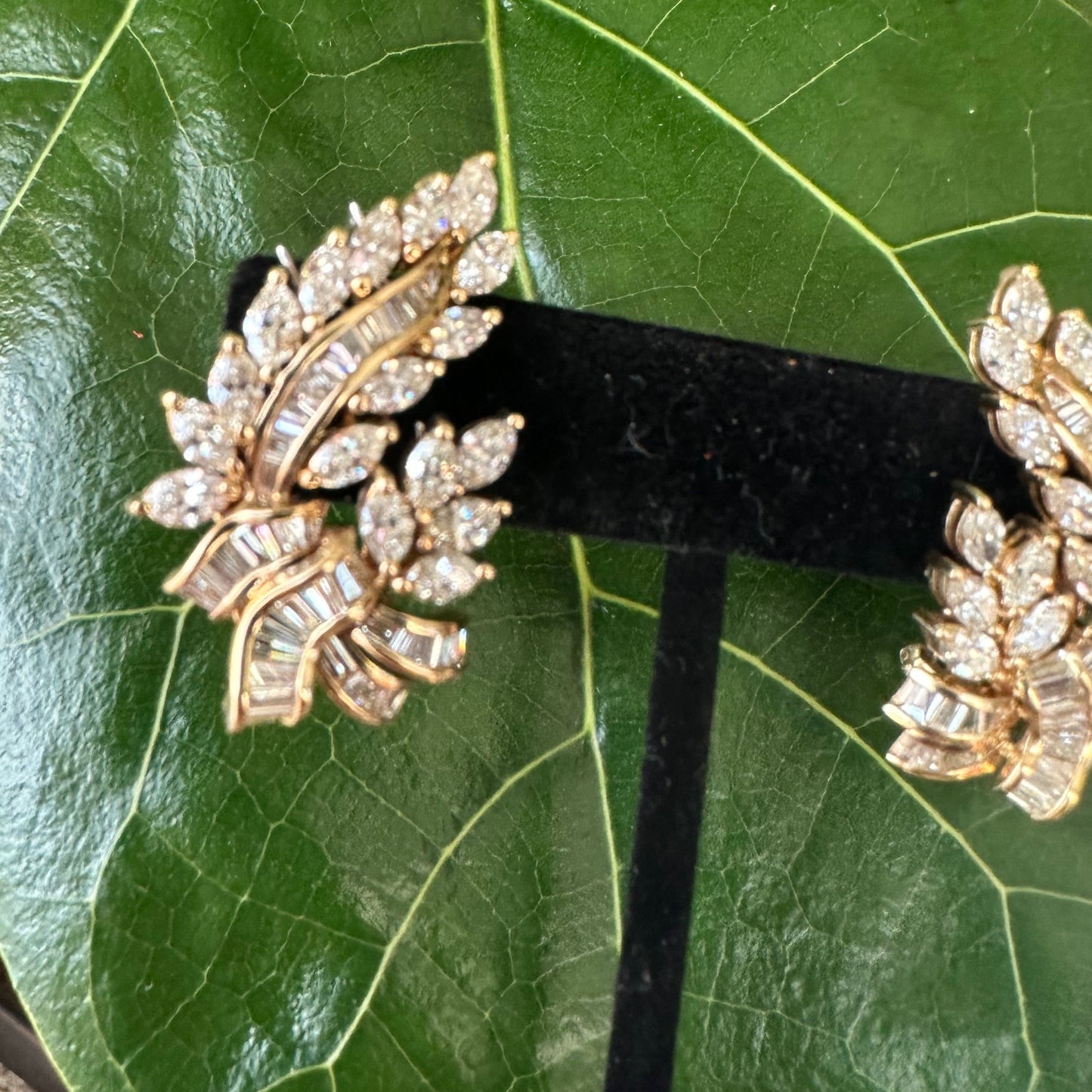 Estate Diamond Leaf Earrings | 9.30ct Marquise & Baguette | 18k Yellow Gold | 18.6g
