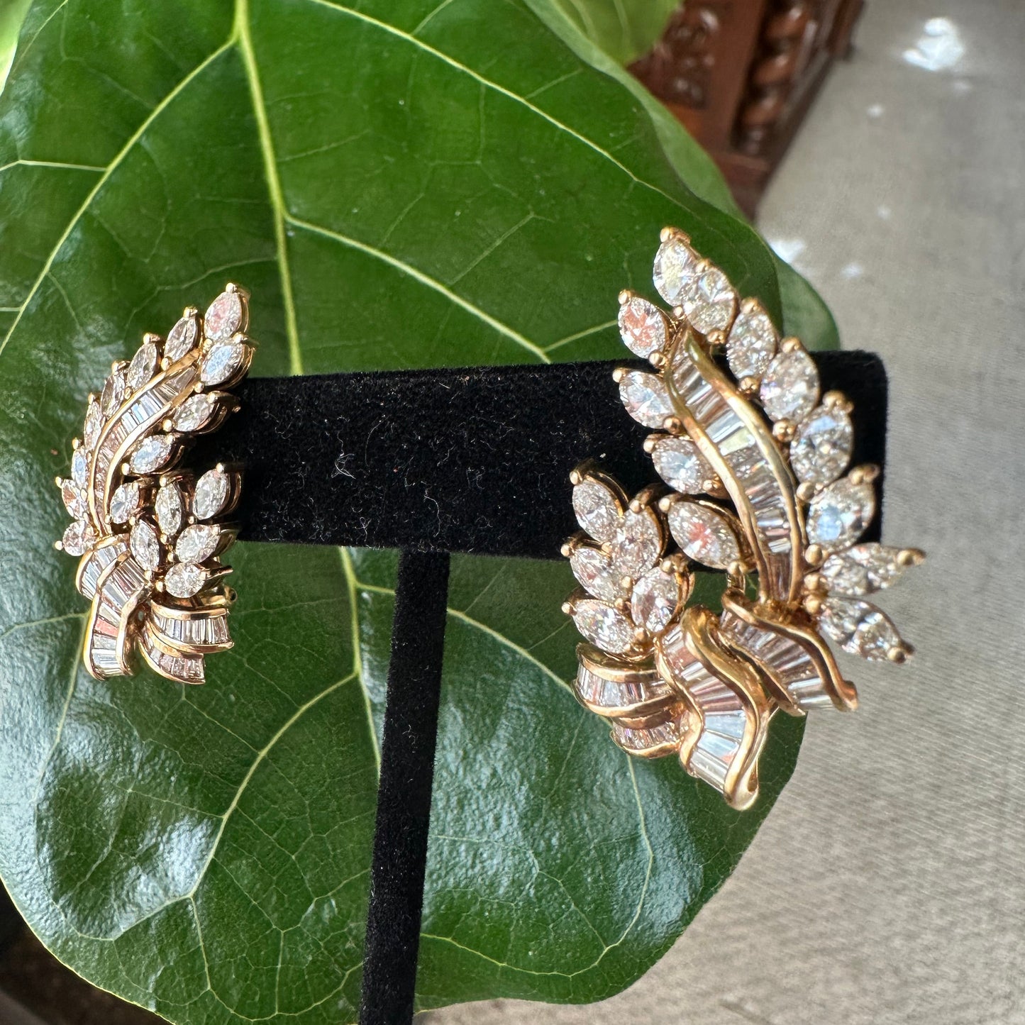 Estate Diamond Leaf Earrings | 9.30ct Marquise & Baguette | 18k Yellow Gold | 18.6g