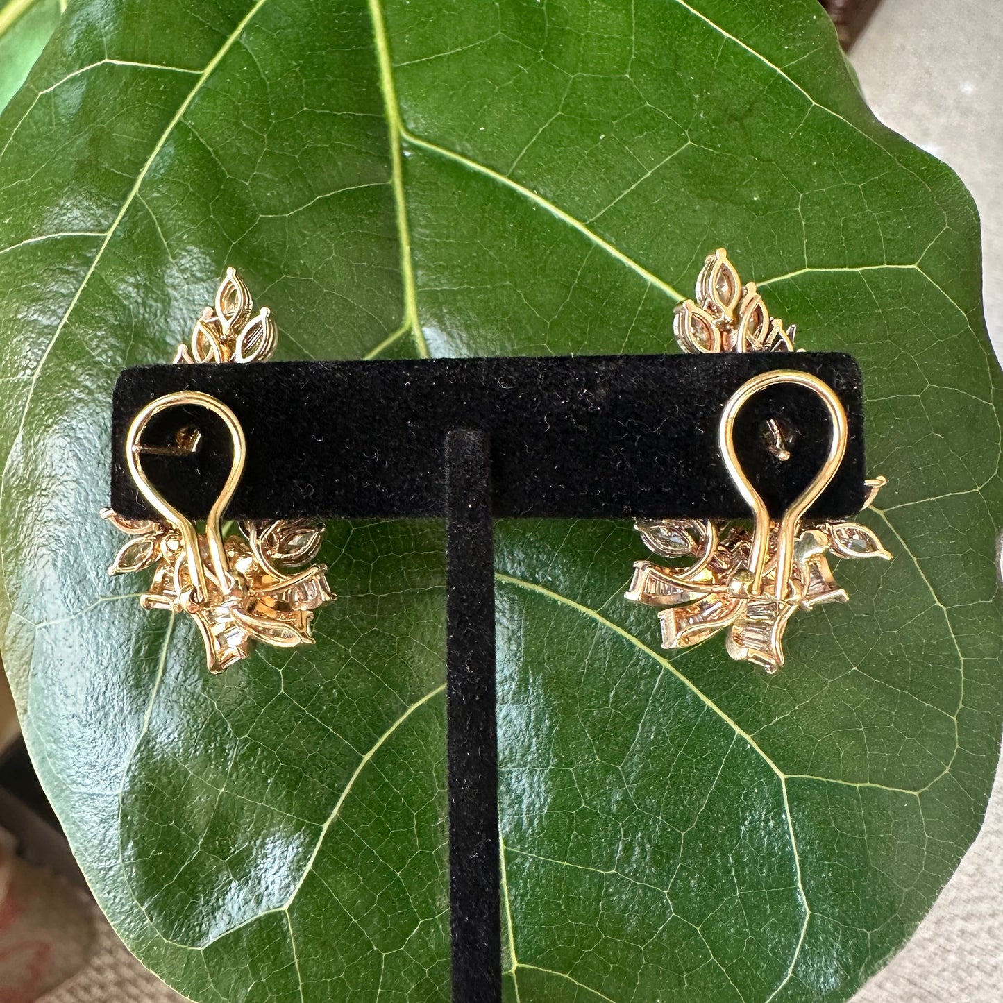 Estate Diamond Leaf Earrings | 9.30ct Marquise & Baguette | 18k Yellow Gold | 18.6g