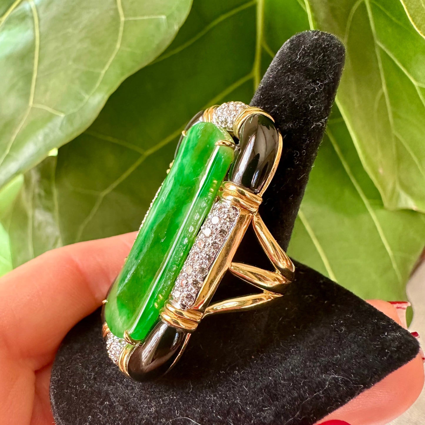 Jade, Onyx & Diamond Pavé Statement Ring | ~0.60ct Diamonds | 18k Yellow Gold | 26.8g | Size 7