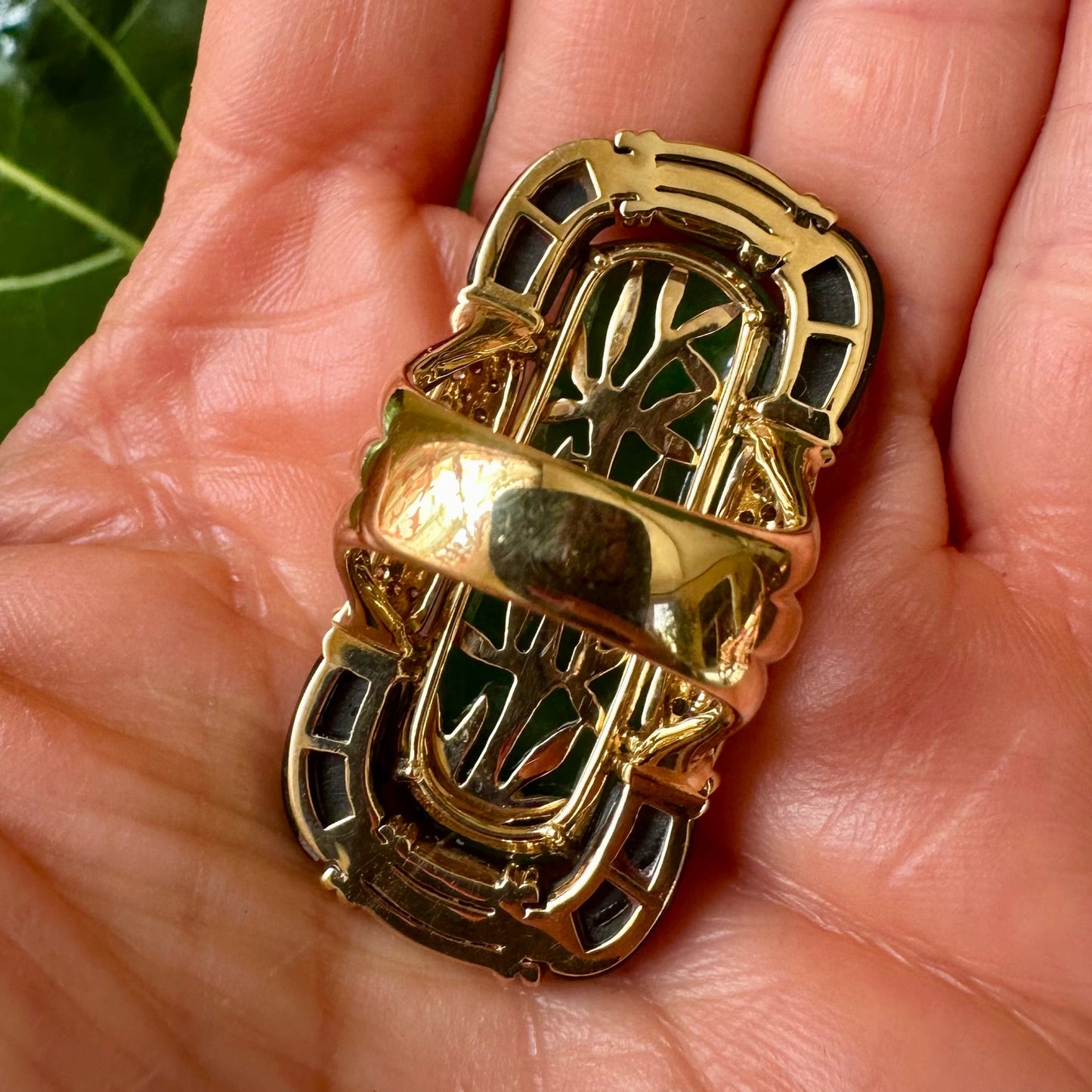 Jade, Onyx & Diamond Pavé Statement Ring | ~0.60ct Diamonds | 18k Yellow Gold | 26.8g | Size 7