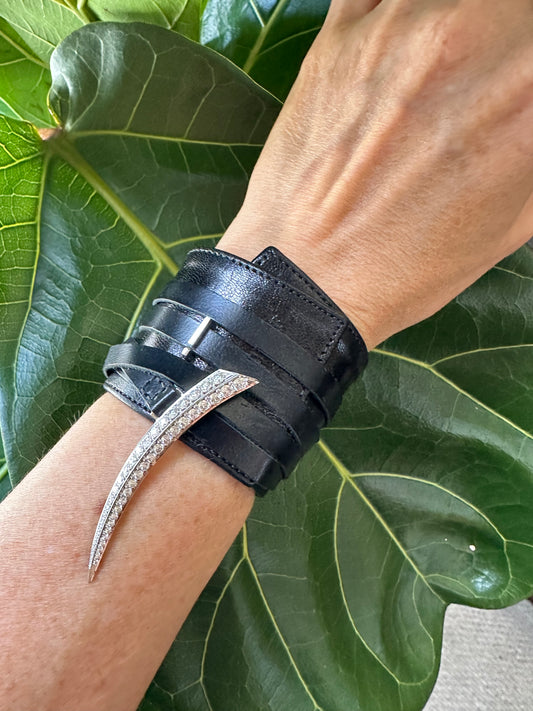 Black Leather Wrap Bracelet with Diamonds