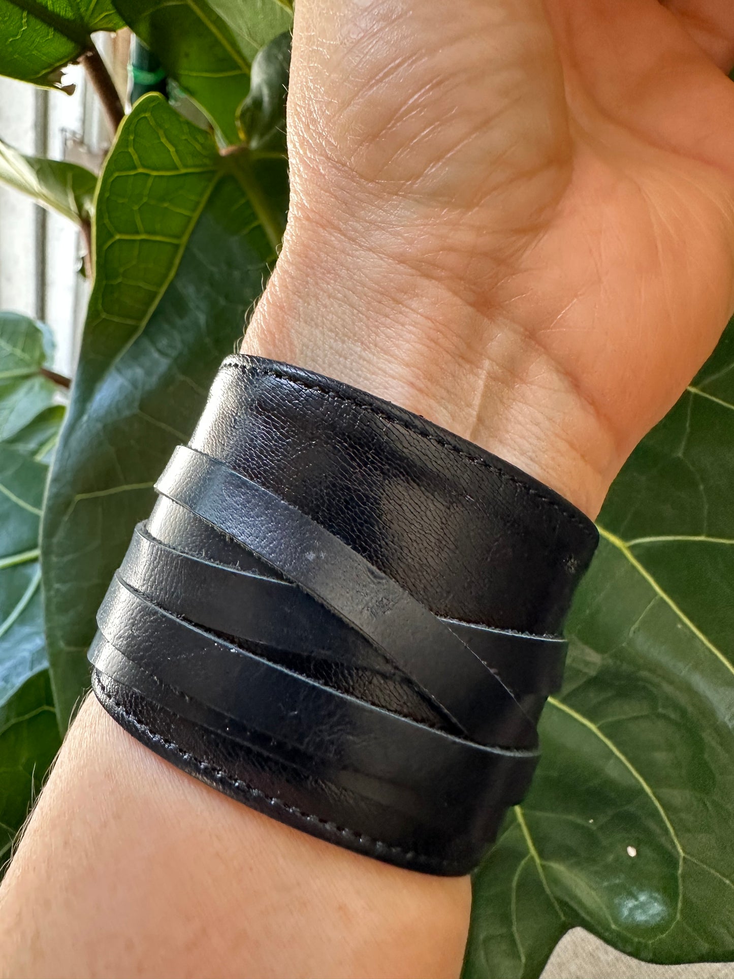 Black Leather Wrap Bracelet with Diamonds