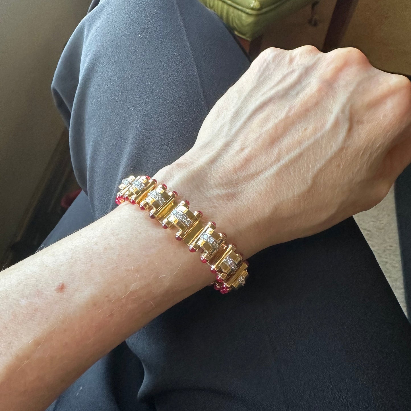 Signed J. Roca Retro Diamond & Cabochon Ruby Bracelet – 18k Rose Gold