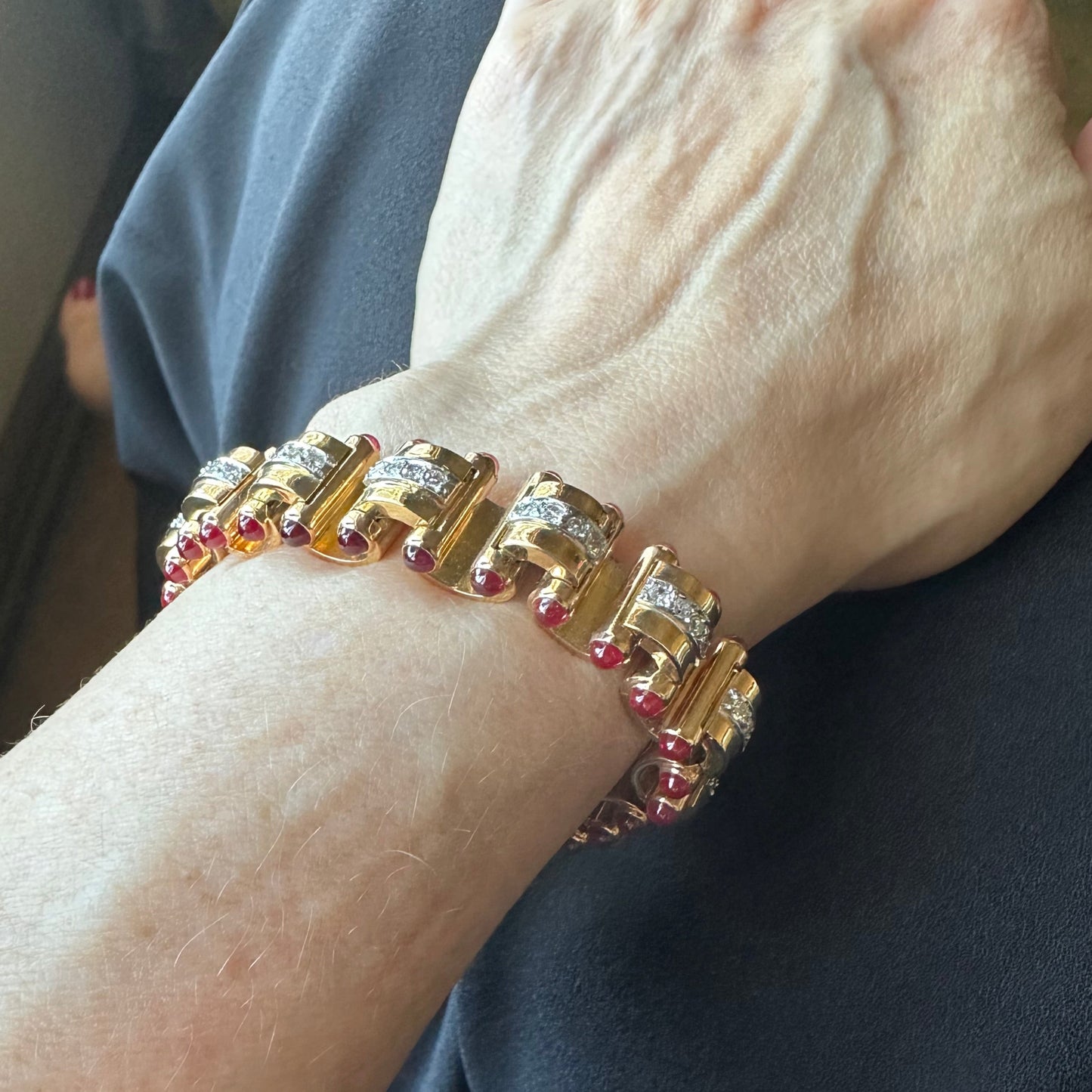 Signed J. Roca Retro Diamond & Cabochon Ruby Bracelet – 18k Rose Gold