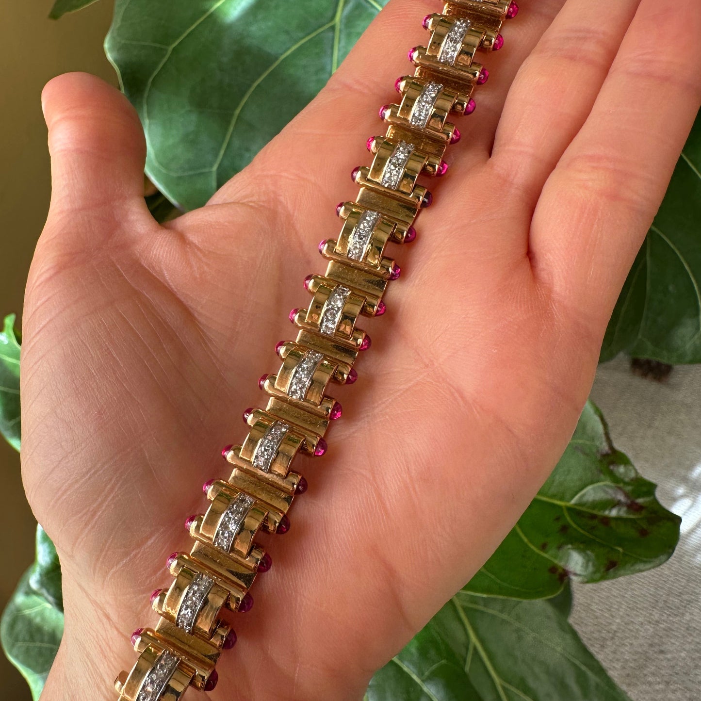 Signed J. Roca Retro Diamond & Cabochon Ruby Bracelet – 18k Rose Gold