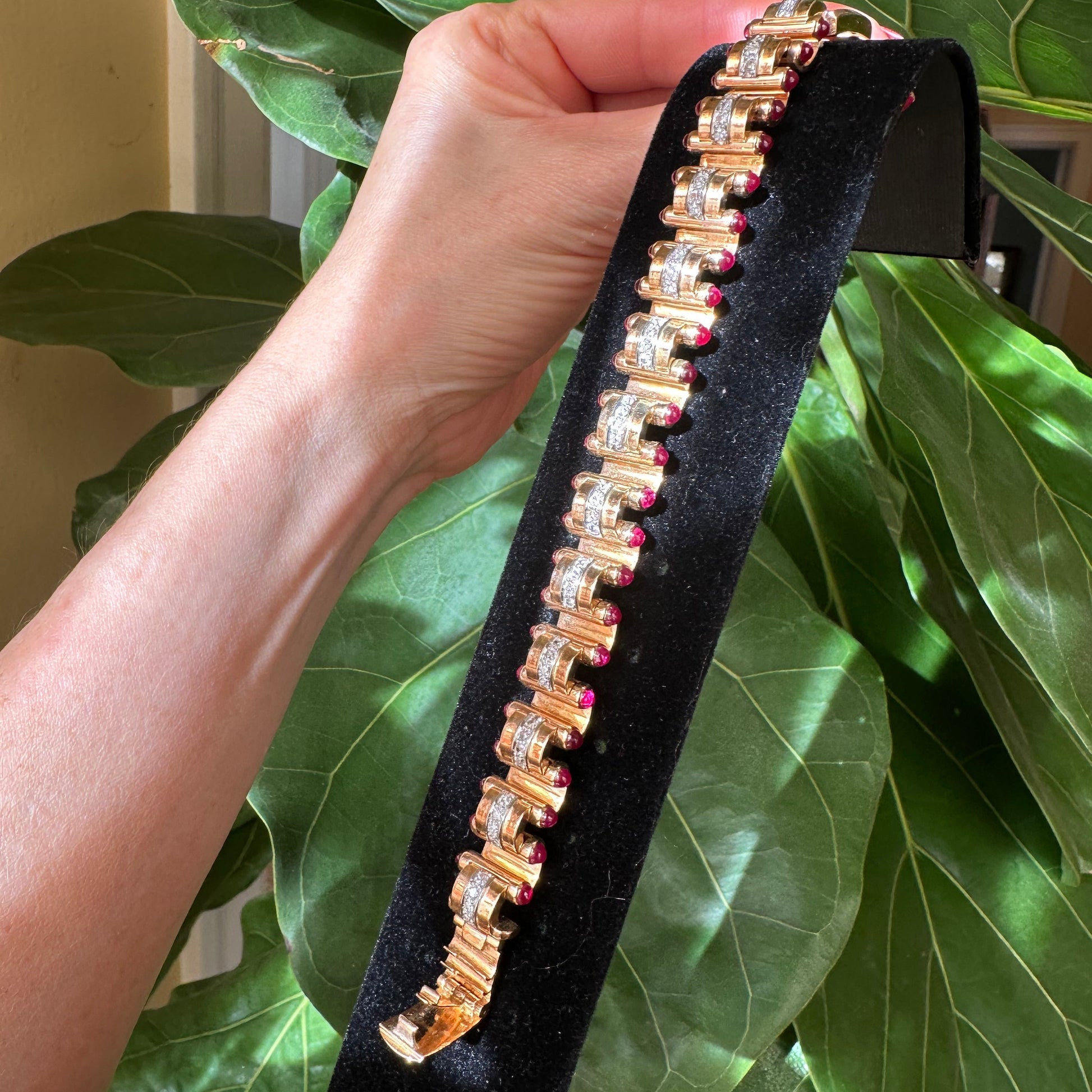 Retro Diamond & Cabochon Ruby Bracelet 18k Rose Gold