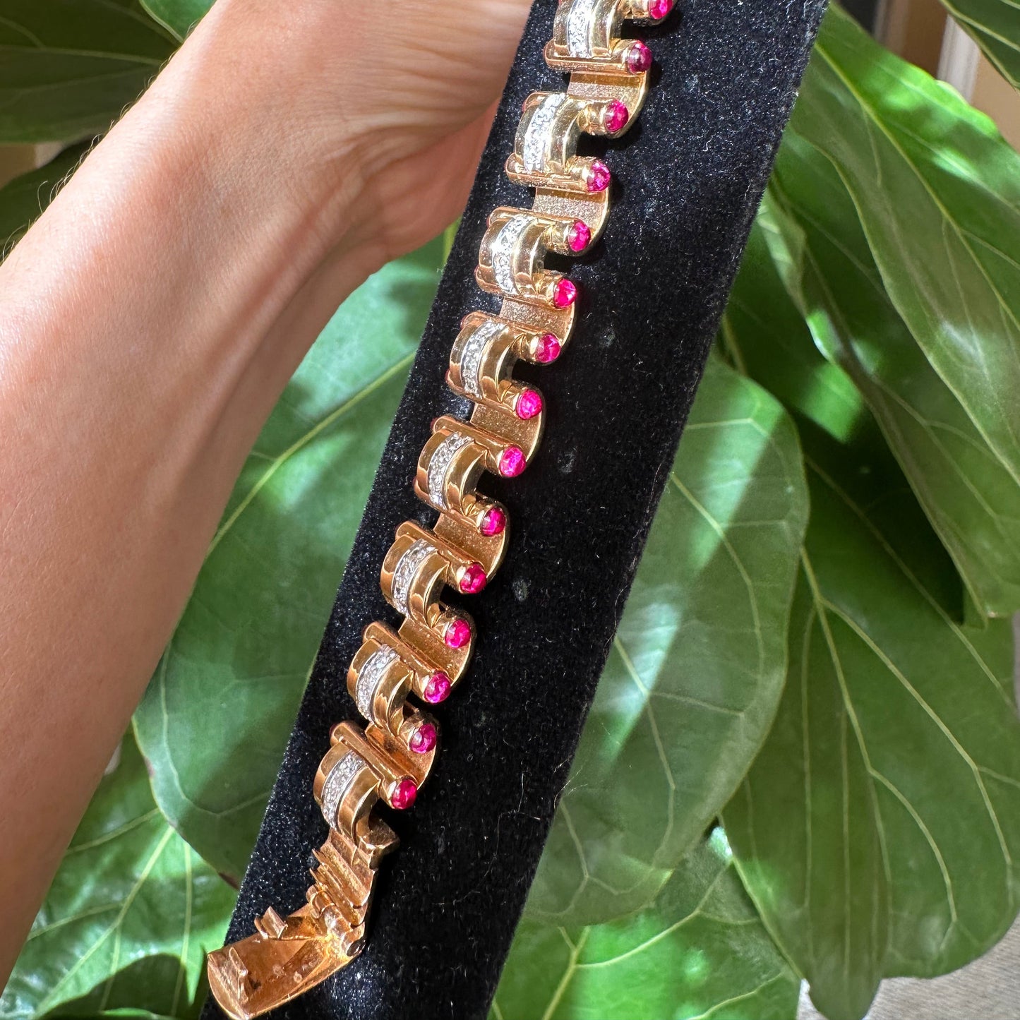 Signed J. Roca Retro Diamond & Cabochon Ruby Bracelet – 18k Rose Gold