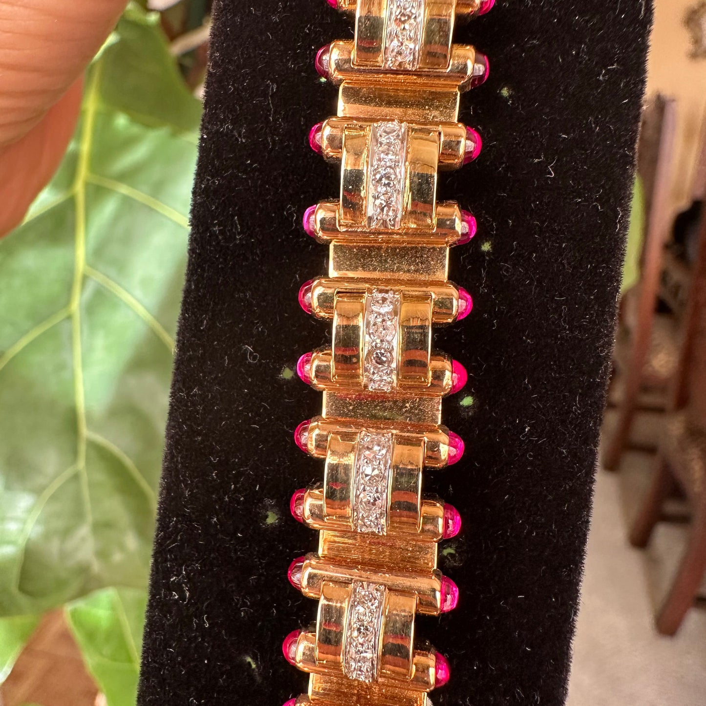 Signed J. Roca Retro Diamond & Cabochon Ruby Bracelet – 18k Rose Gold