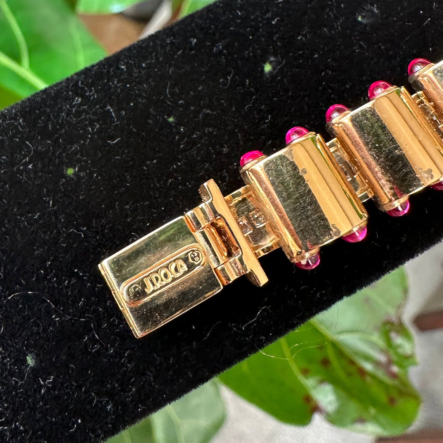 Signed J. Roca Retro Diamond & Cabochon Ruby Bracelet – 18k Rose Gold