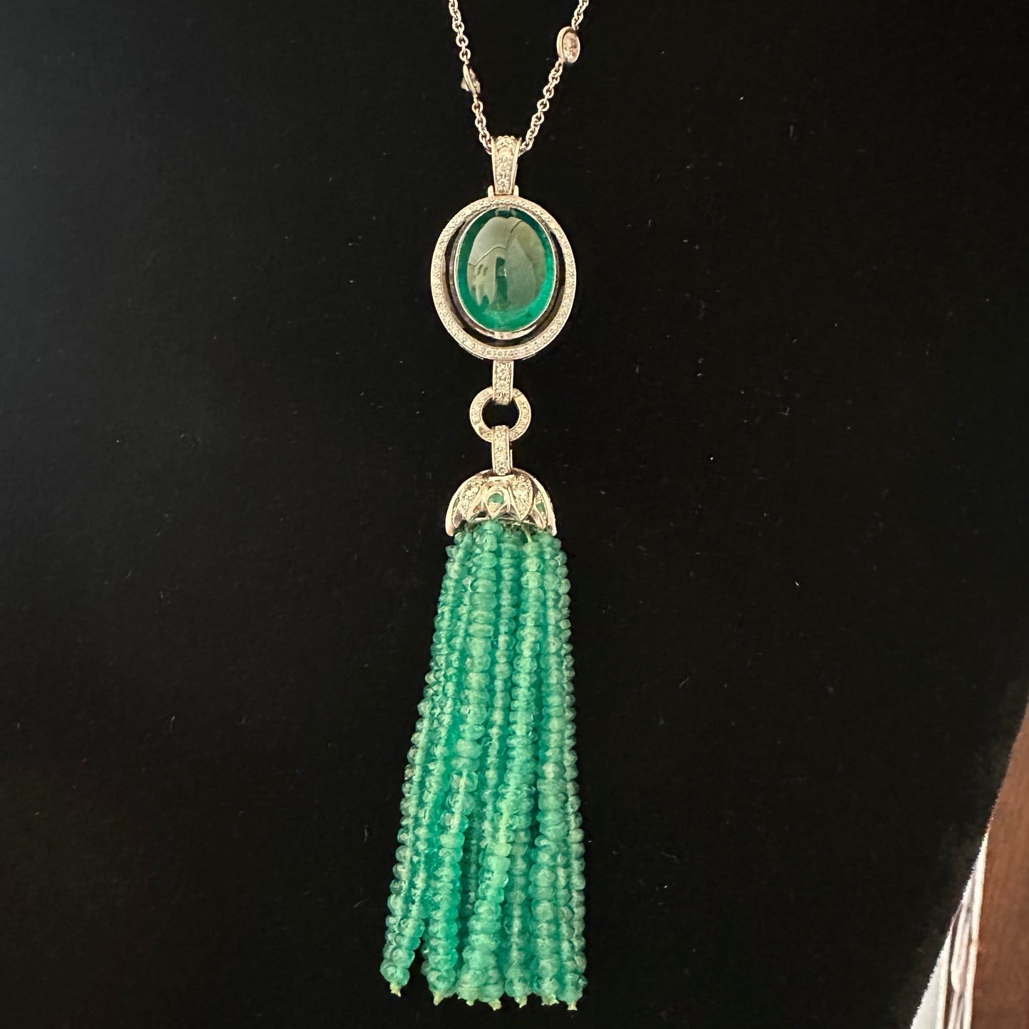 12ct Cabochon Emerald & Diamond 3-Way Convertible Tassel Necklace – 18k White Gold