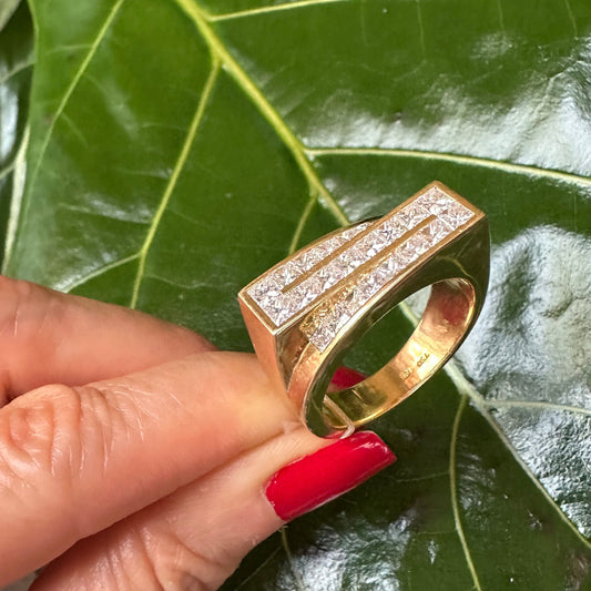 Men's Asymmetrical Princess Cut Diamond Ring – 3.9 Carats G/VVS 18k Yellow Gold