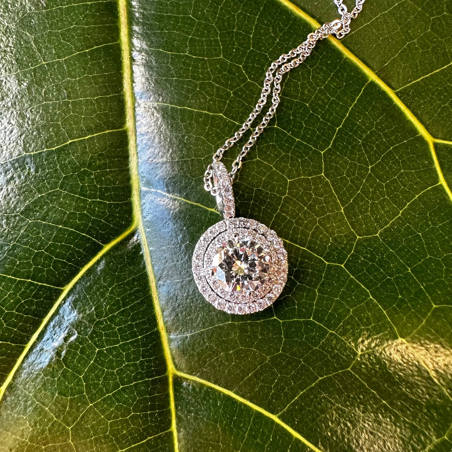 Double Halo Diamond Necklace in White Gold