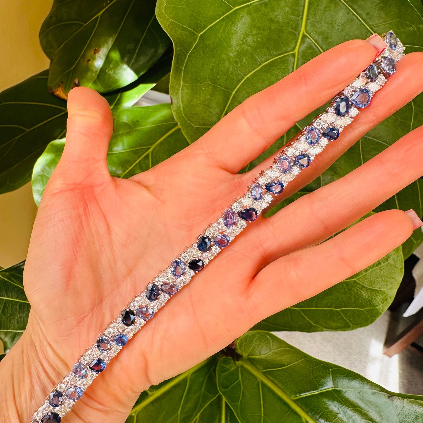 Natural Diamond & Sapphire Mixed Cut Statement Bracelet – 18k White Gold