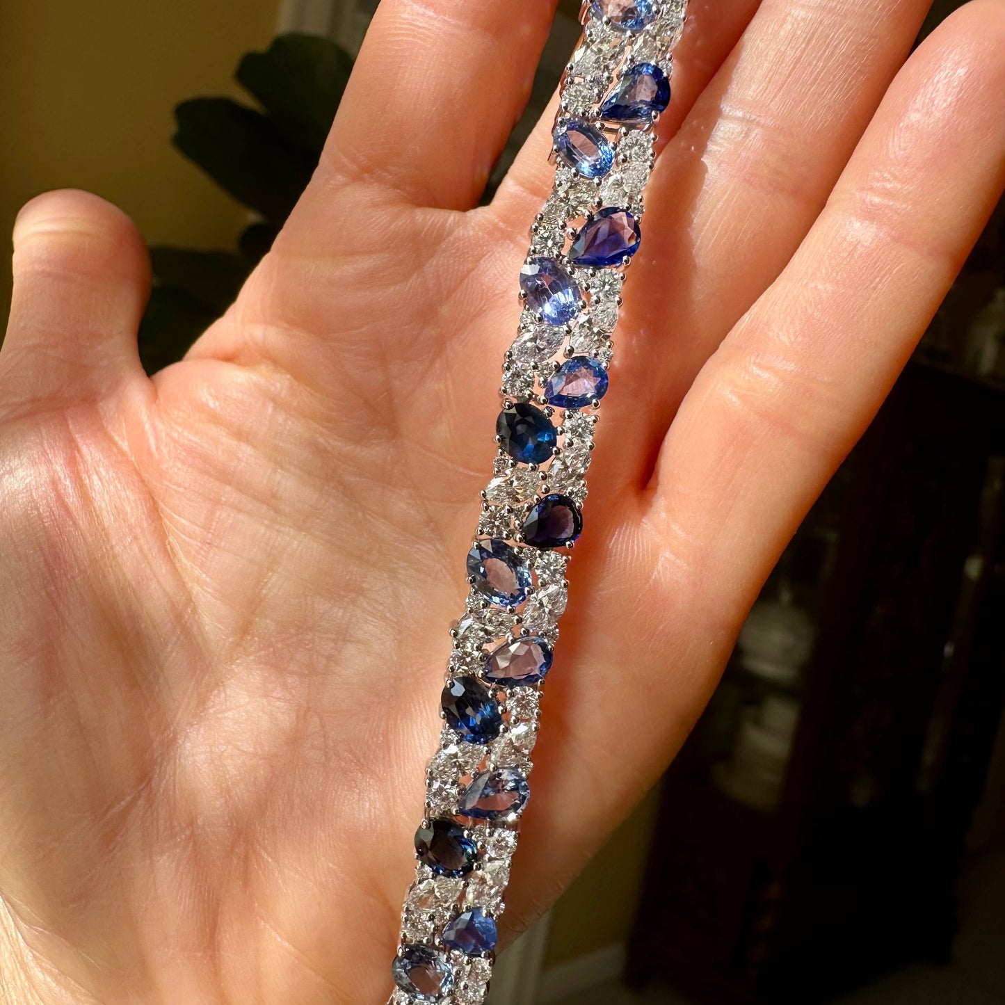 Natural Diamond & Sapphire Mixed Cut Statement Bracelet – 18k White Gold