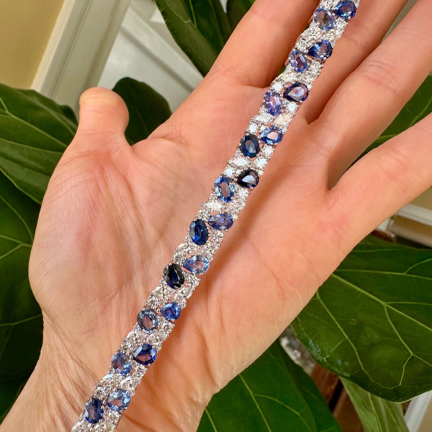 Natural Diamond & Sapphire Mixed Cut Statement Bracelet – 18k White Gold