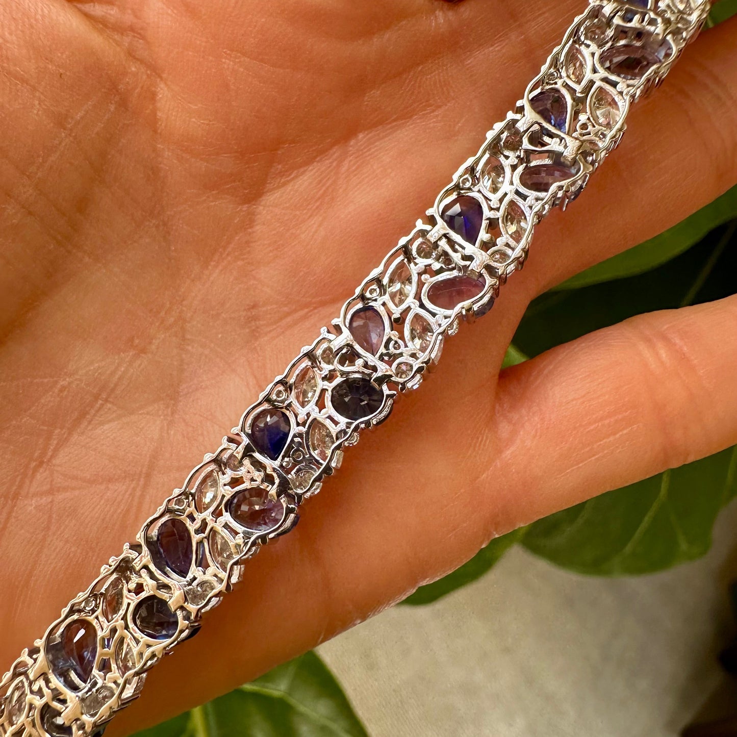 Natural Diamond & Sapphire Mixed Cut Statement Bracelet – 18k White Gold