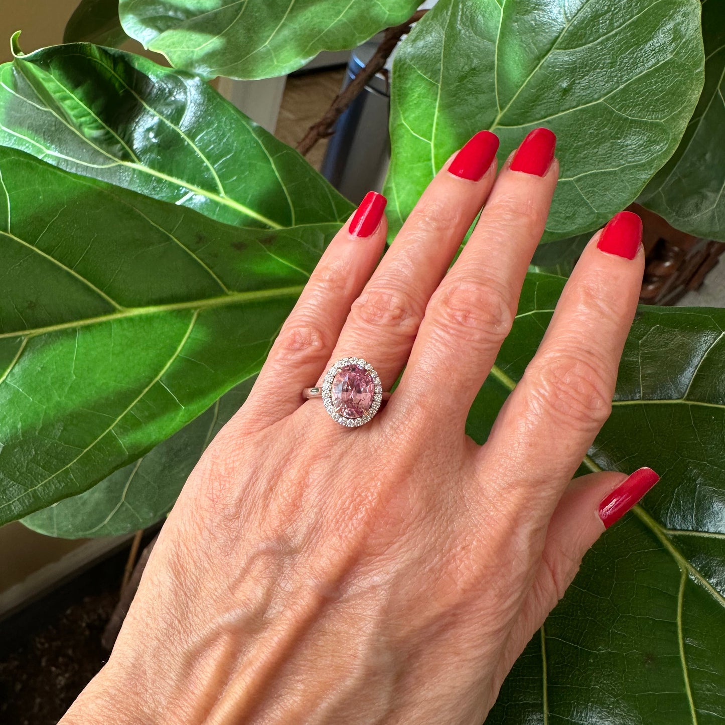 GIA Certified Padparadscha Sapphire Ring – 4.07ct Oval Diamond Halo Platinum
