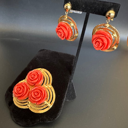 Vintage Inspired Faux Coral Jewelry Set 18k Yellow Gold