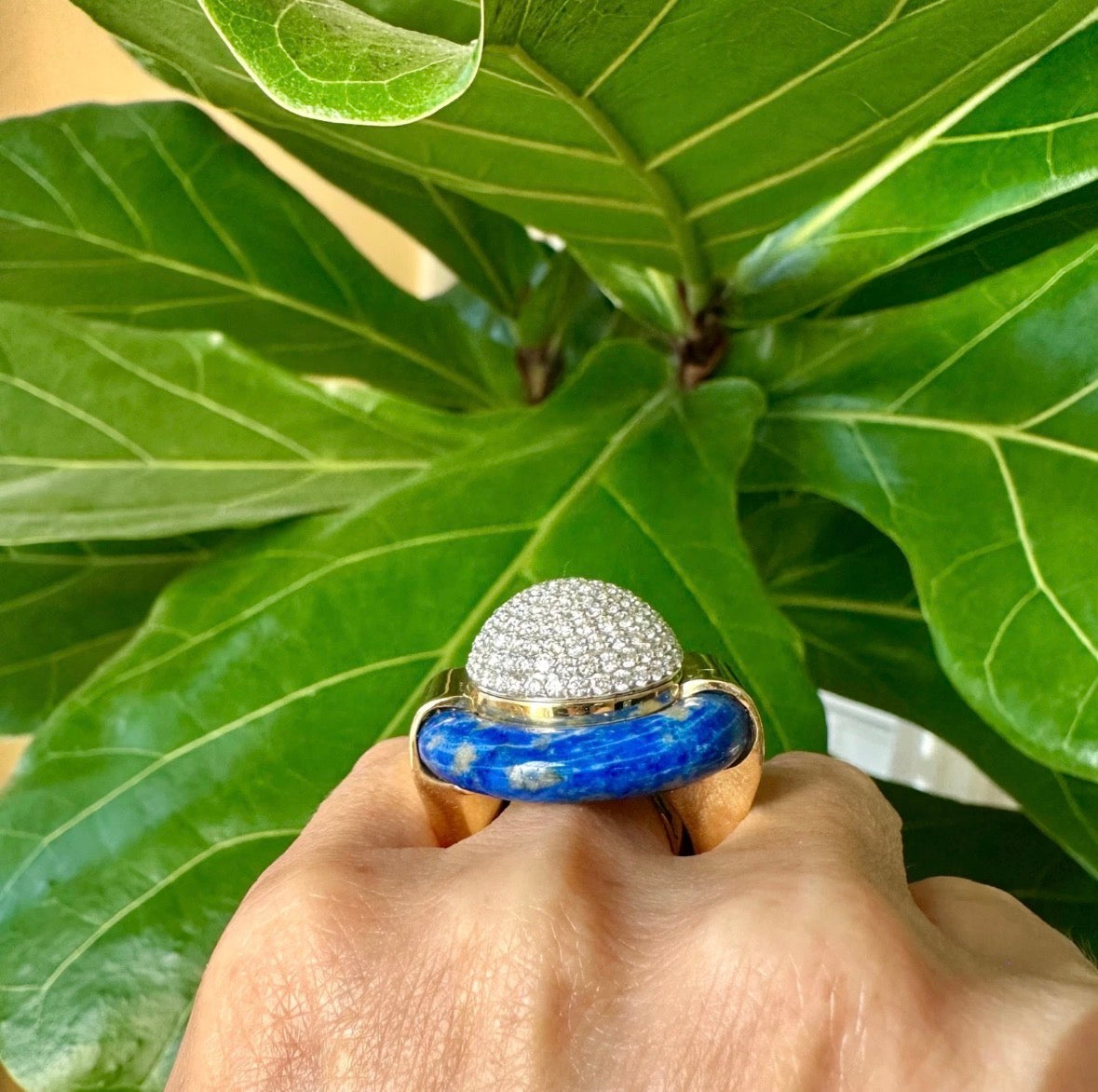 Lapis Lazuli & Diamond Pavé Dome Cocktail Ring – 18k Yellow & White Gold