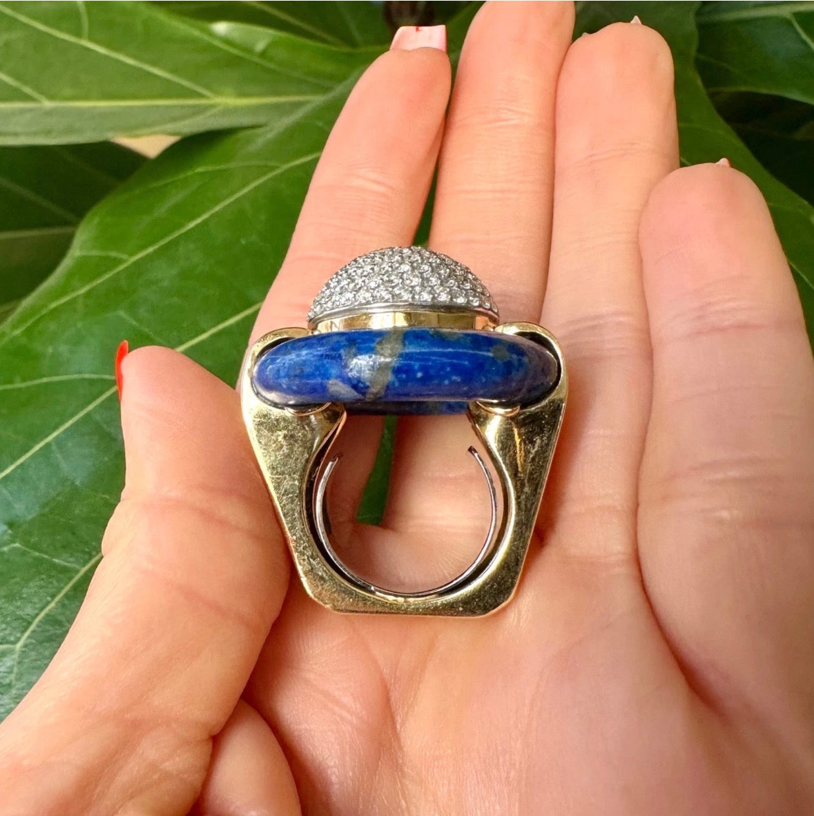 Lapis Lazuli & Diamond Pavé Dome Cocktail Ring – 18k Yellow & White Gold