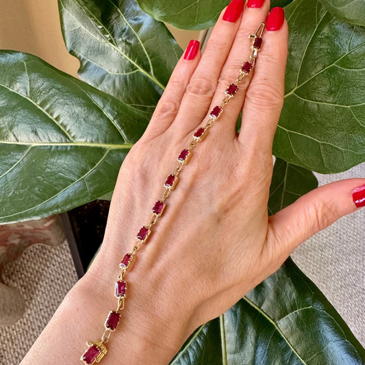East-West Emerald Cut Ruby Tennis Bracelet – 6.27ct 18k Yellow Gold