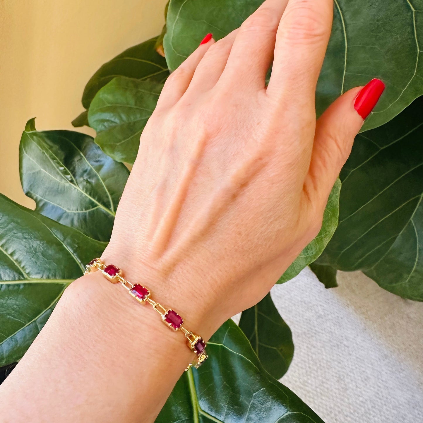 East-West Emerald Cut Ruby Tennis Bracelet – 6.27ct 18k Yellow Gold