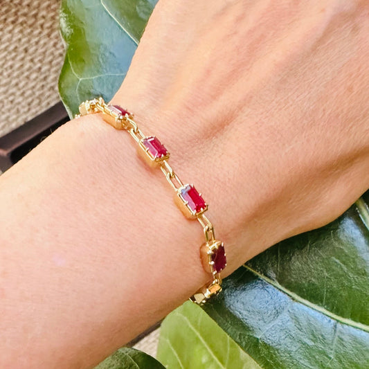 Emerald Cut Ruby Tennis Bracelet 18k Yellow Gold 7"