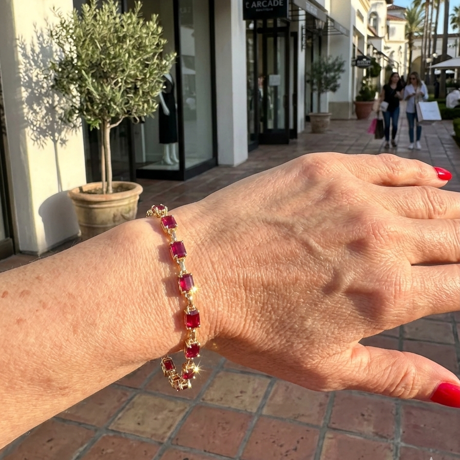 East-West Emerald Cut Ruby Tennis Bracelet – 6.27ct 18k Yellow Gold