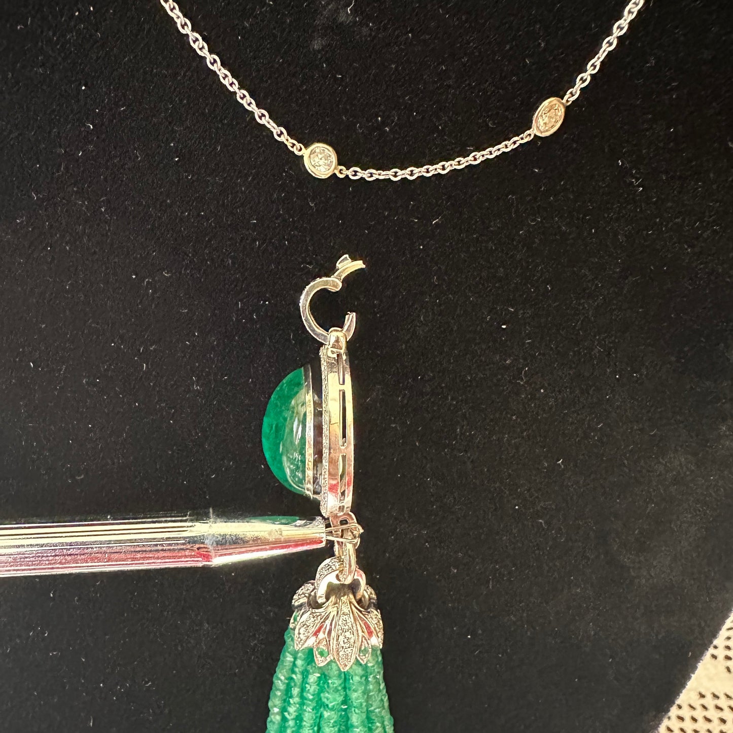 12ct Cabochon Emerald & Diamond 3-Way Convertible Tassel Necklace – 18k White Gold