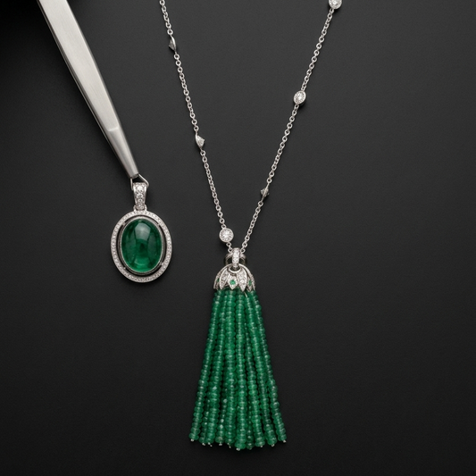 12ct Cabochon Emerald & Diamond 3-Way Convertible Tassel Necklace – 18k White Gold