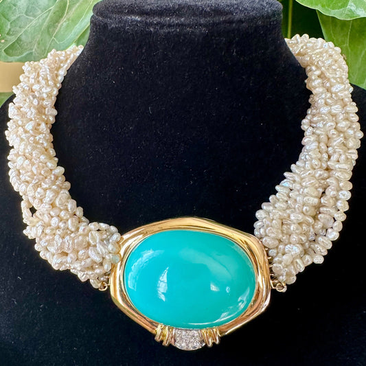 Vintage Tiffany & Co. Turquoise, Freshwater Seed Pearls Necklace 14k 