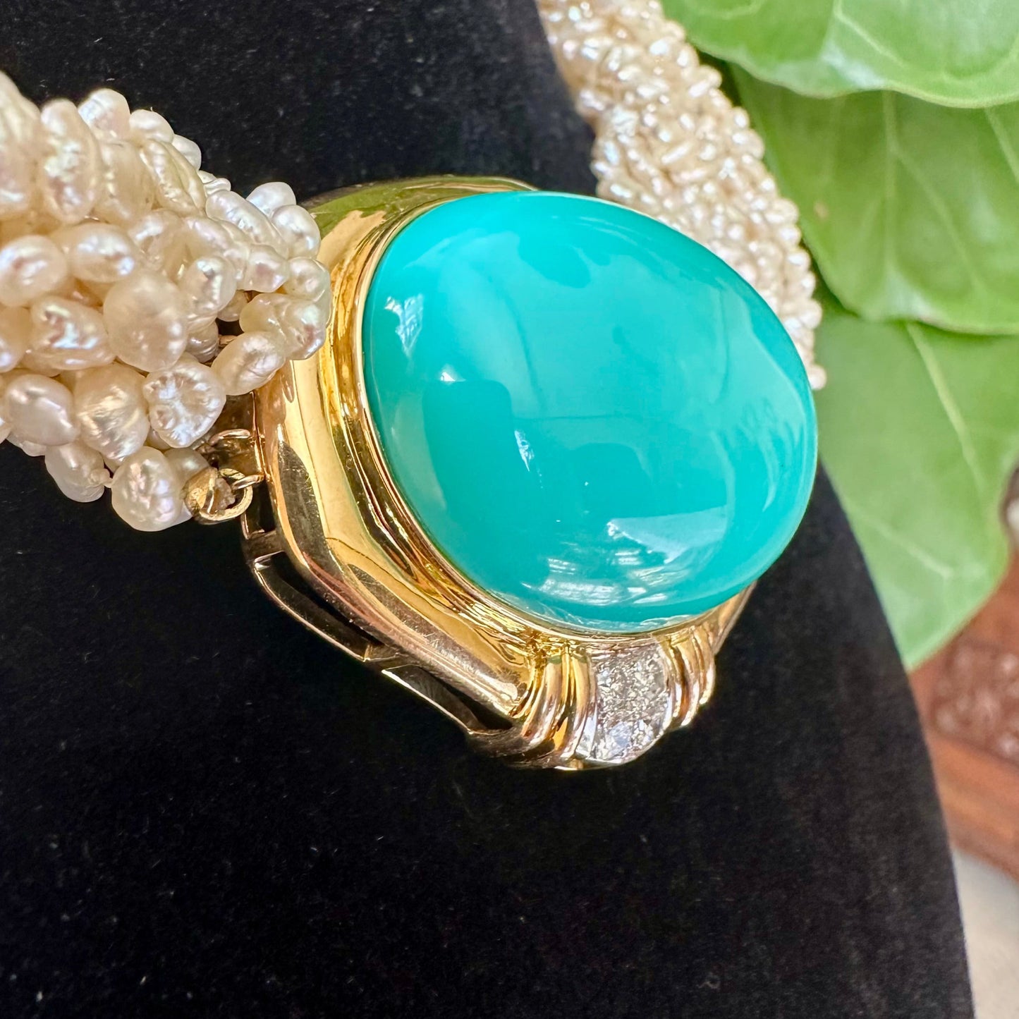 Vintage Tiffany & Co. Torsade Pearl & Cabochon Turquoise Necklace – 14k Yellow Gold