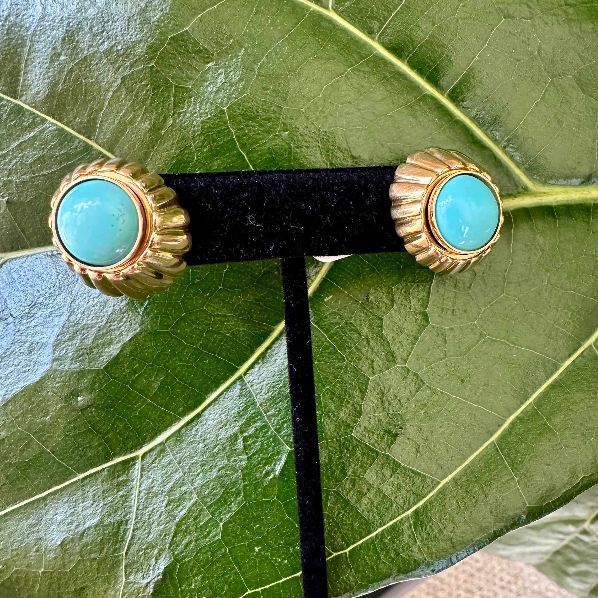 Cabochon Turquoise and 14k Yellow Gold Button Earrings Post and Lever Back