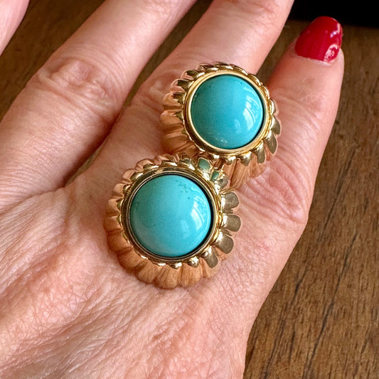 Estate Natural Cabochon Turquoise Button Earrings | 14k Yellow Gold | 16g | Ribbed Detail