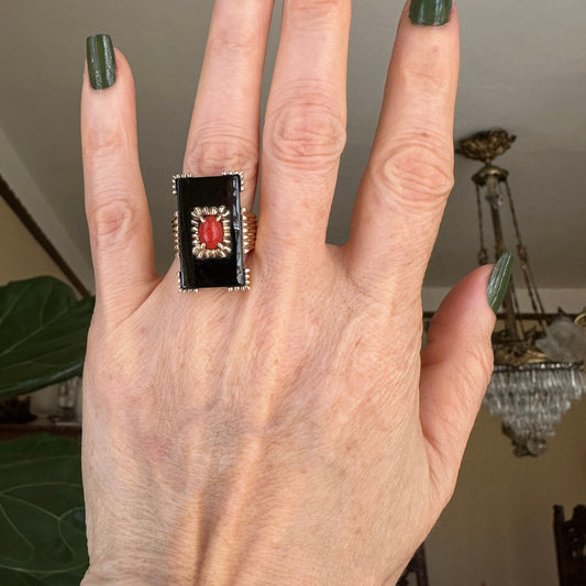 Vintage Coral, Onyx and 14k Yellow Gold Ring
