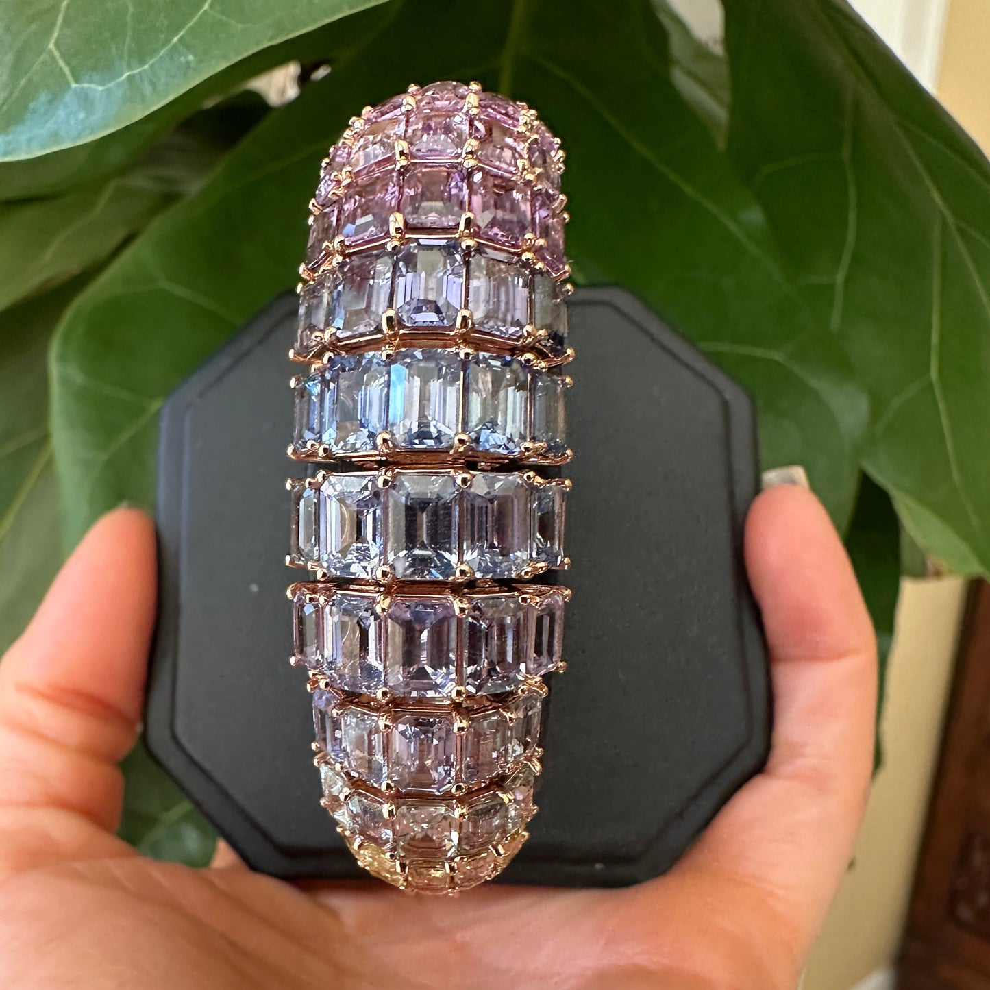 Natural Heated Sapphire & Diamond Gradient Cuff Bracelet | 71.13ct Sapphires | ~1ct Diamonds | 18k Rose Gold | 52.1g