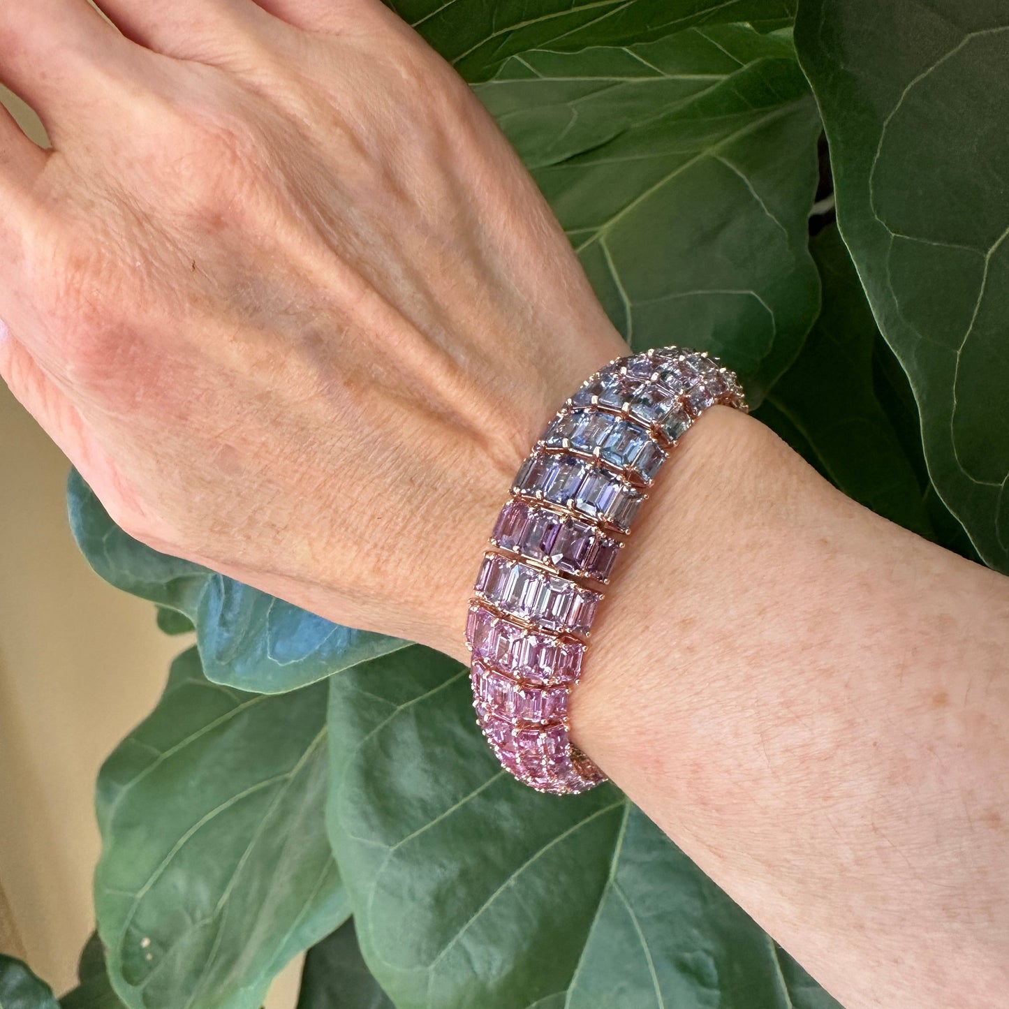 Natural Heated Sapphire & Diamond Gradient Cuff Bracelet | 71.13ct Sapphires | ~1ct Diamonds | 18k Rose Gold | 52.1g